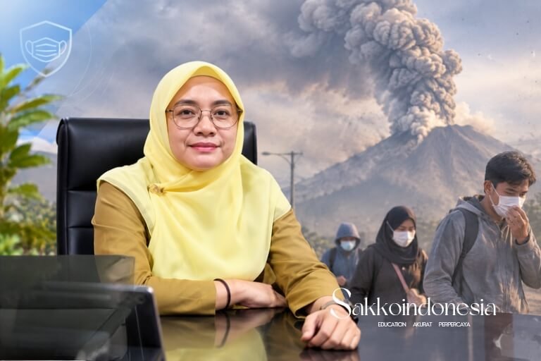 Kepala Dinkes Kota Tangerang dengan latar erupsi Gunung Anak Krakatau dan warga bermasker