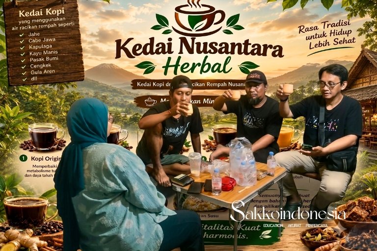 Banner promosi Kedai Nusantara Herbal menyajikan kopi rempah tradisional seperti jahe, kapulaga, dan kayu manis